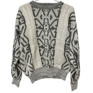Bugatchi Vtg Patterned Knit Sweater‎ Pullover Gray White Mens Med Dadcore Wool